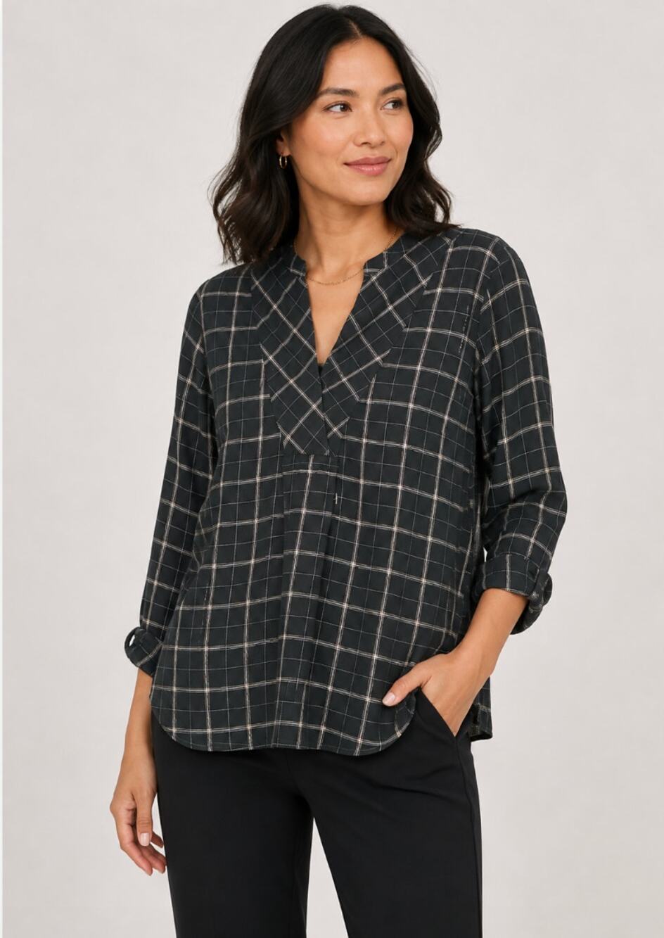 J JIll Womens Plaid Long Sleeve Tunic V-Neck Cotton Pullover Top Shirt Small